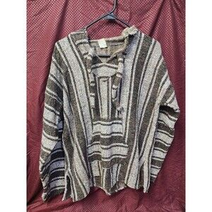 Vintage Baja Mexican Poncho Hoodie Sweater L Molina Striped Black White Boho